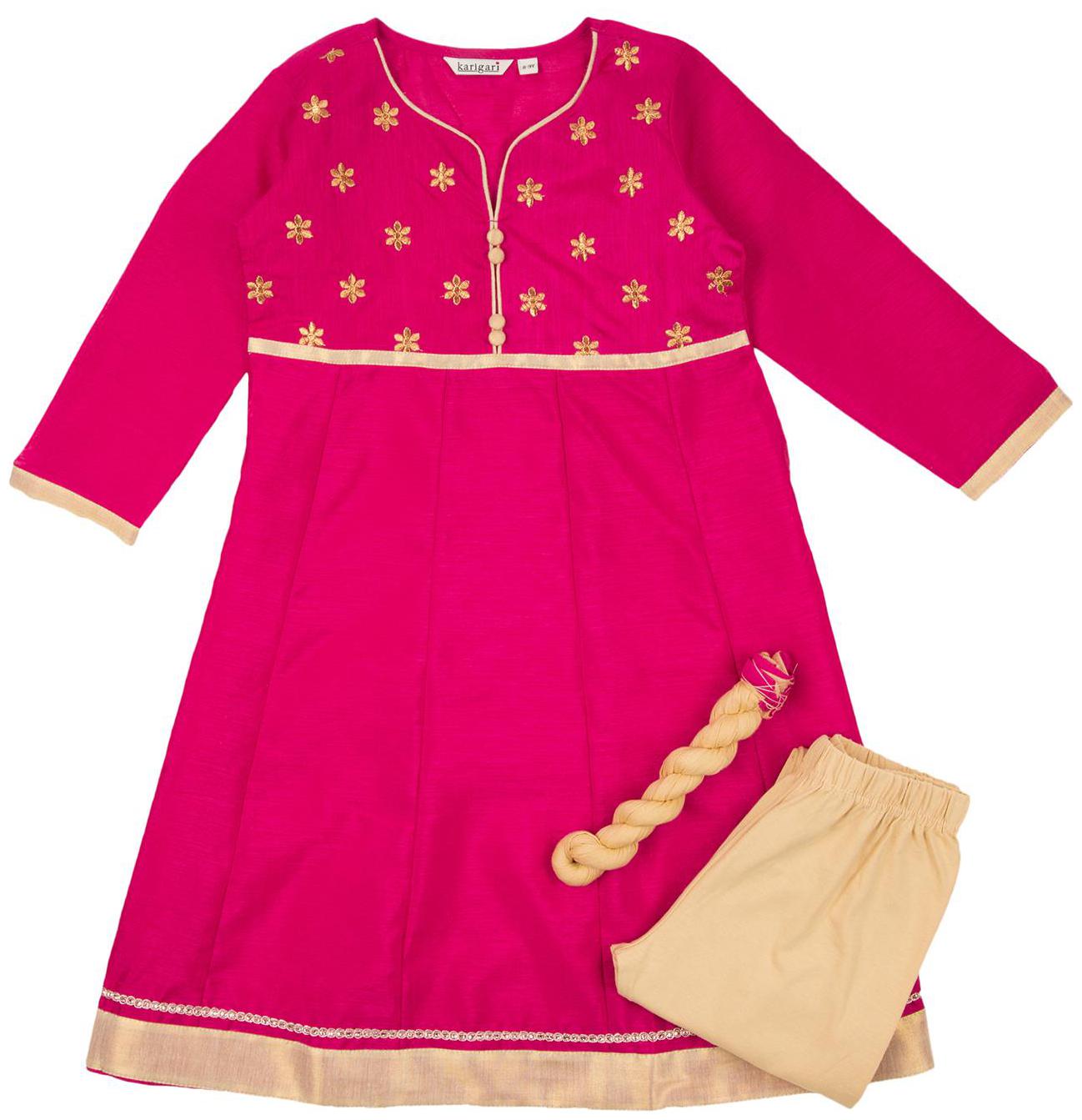 

Karigari Girl s Polyester Self design 3 4th sleeves Kurti salwar set - Multi