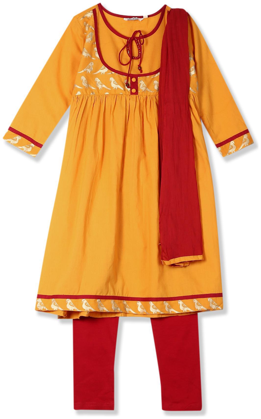 

Karigari Girl s Cotton Printed Full sleeves Kurti salwar set - Multi