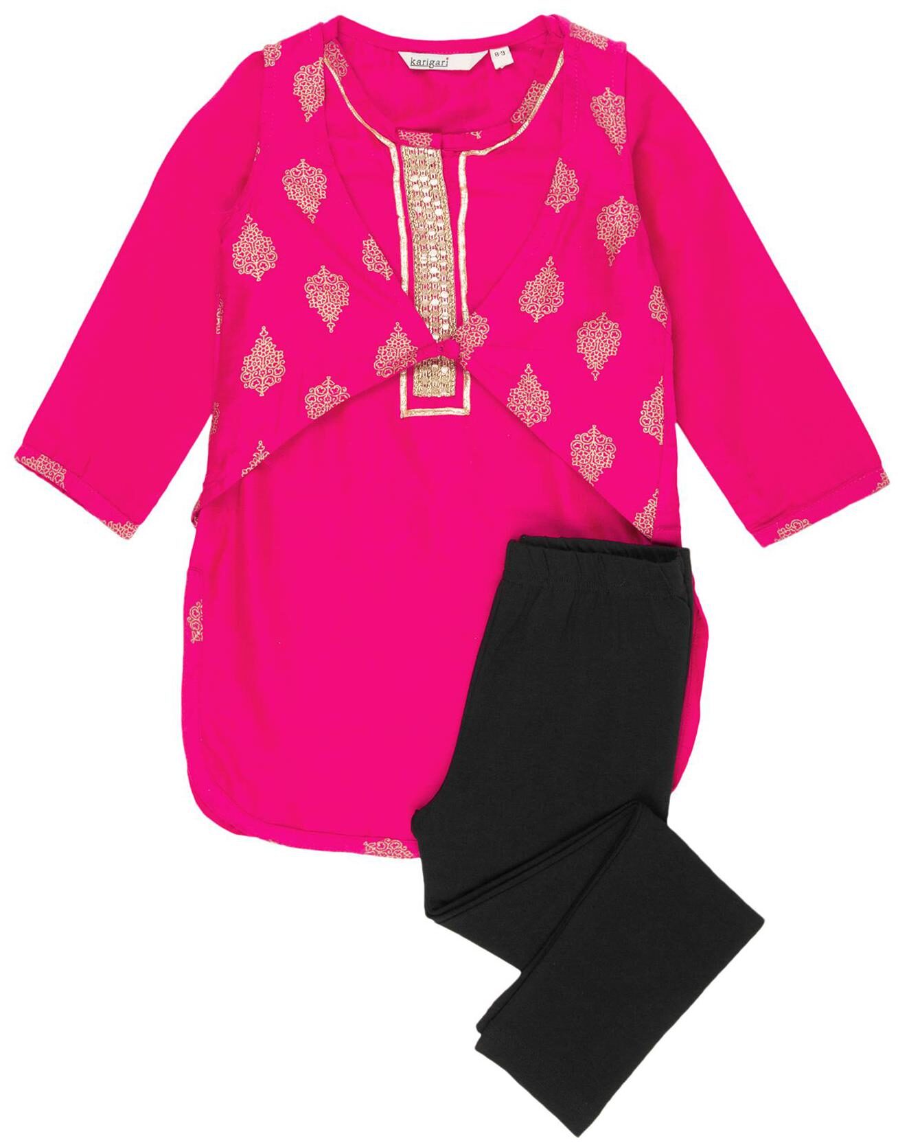 

Karigari Girl s Cotton Printed 3 4th sleeves Kurti salwar set - Multi
