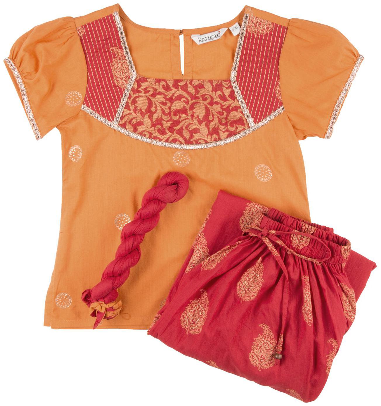 

Karigari Girl s Cotton Printed Short sleeves Kurti salwar set - Multi