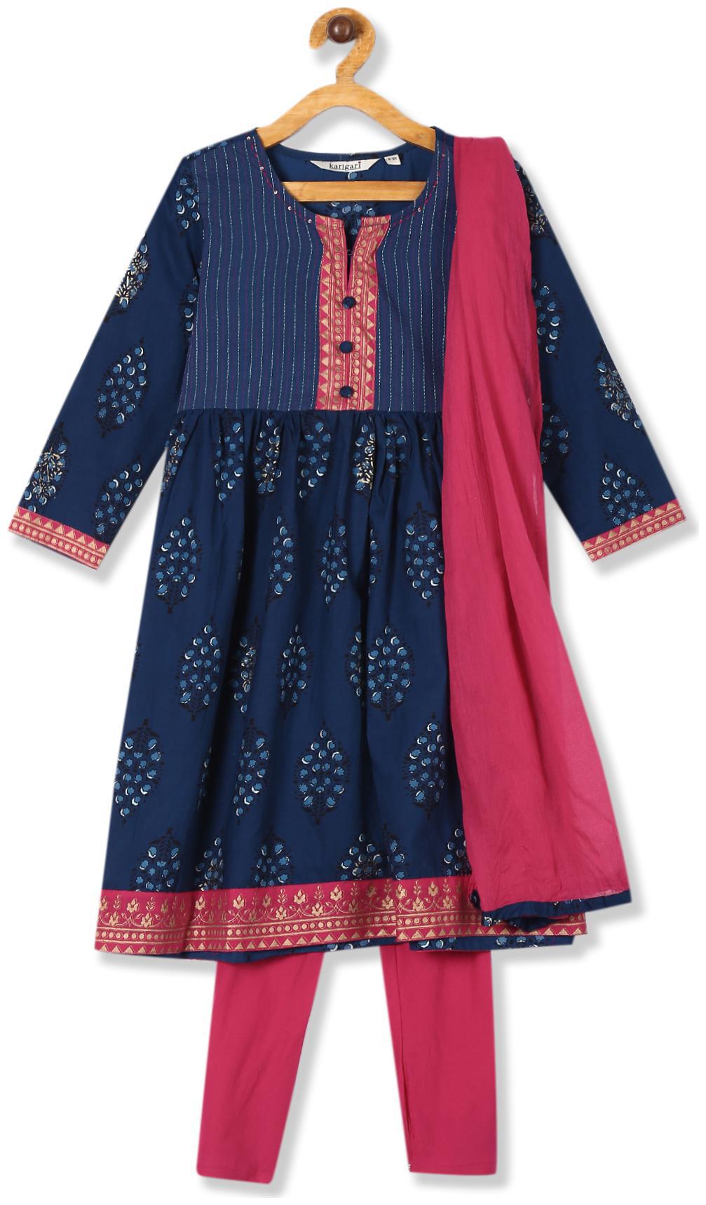 

Karigari Girl s Cotton Solid 3 4th sleeves Kurti salwar set - Multi