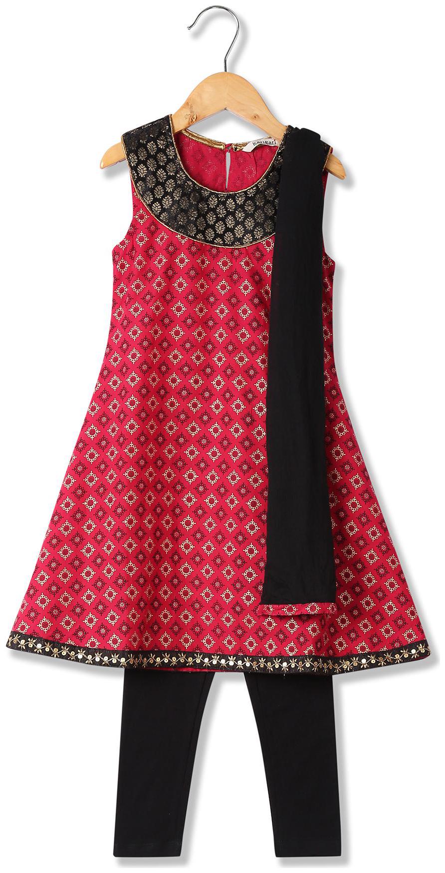 

Karigari Girl s Cotton Printed Sleeveless Kurti salwar set - Multi