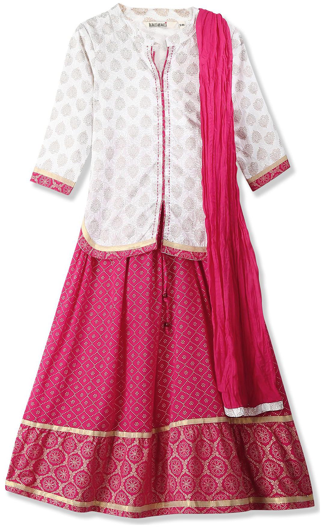 

Karigari Girl s Cotton Printed Full sleeves Kurti salwar set - Multi