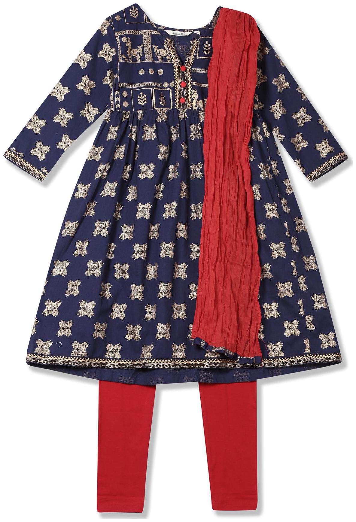 

Karigari Girl s Cotton Printed 3 4th sleeves Kurti salwar set - Multi