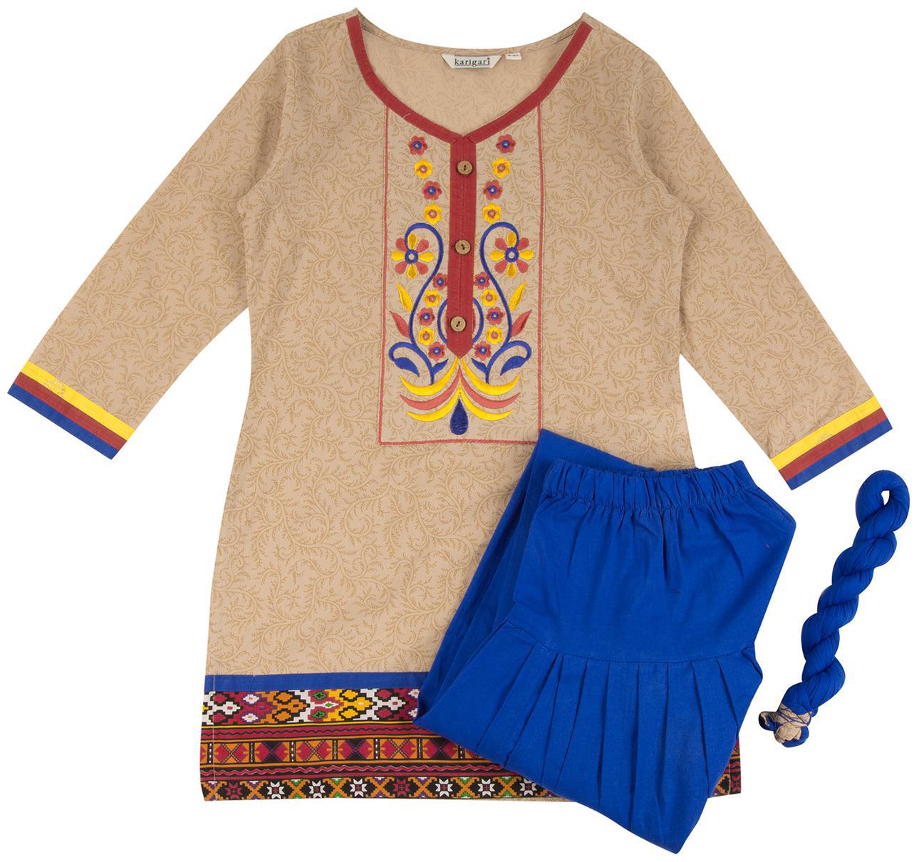 

Karigari Girl s Cotton Self design 3 4th sleeves Kurti salwar set - Multi