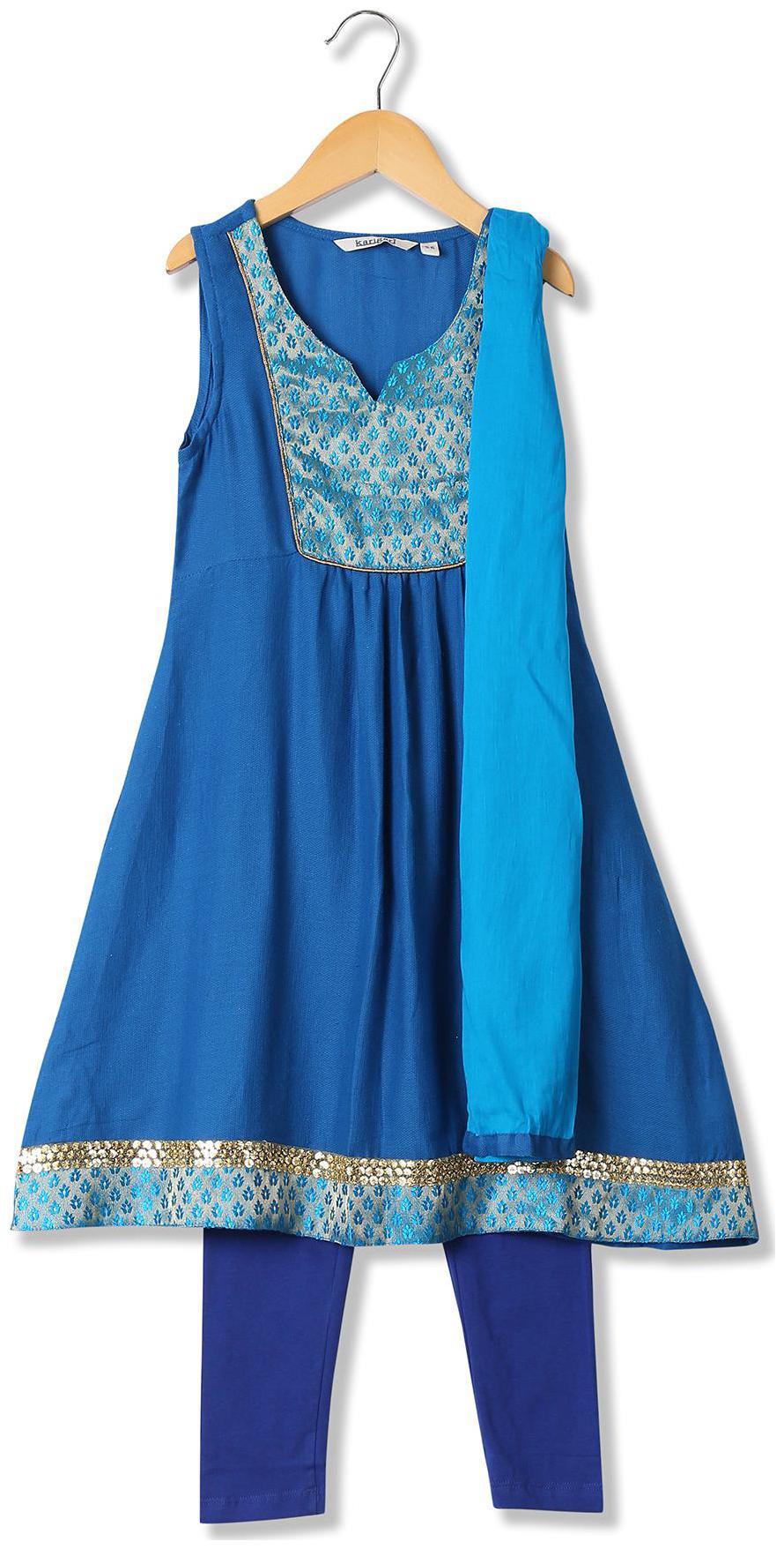 

Karigari Girl s Cotton Printed Sleeveless Kurti salwar set - Blue