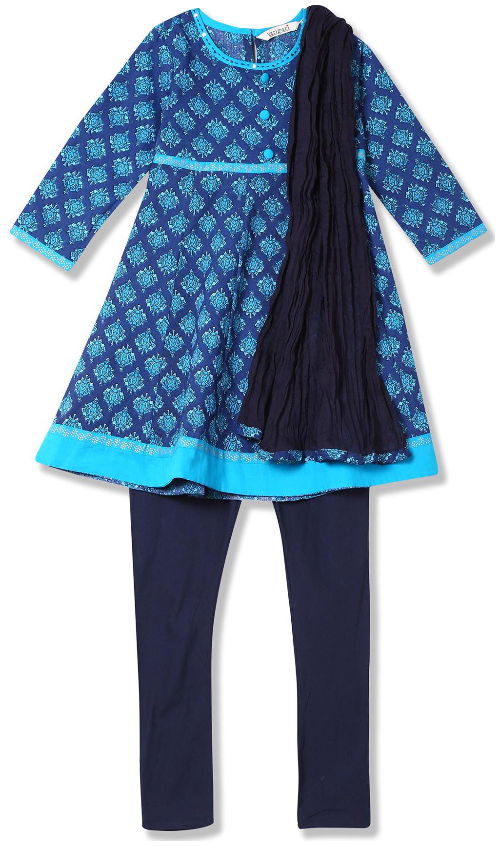 

Karigari Girl s Cotton Printed 3 4th sleeves Kurti salwar set - Blue
