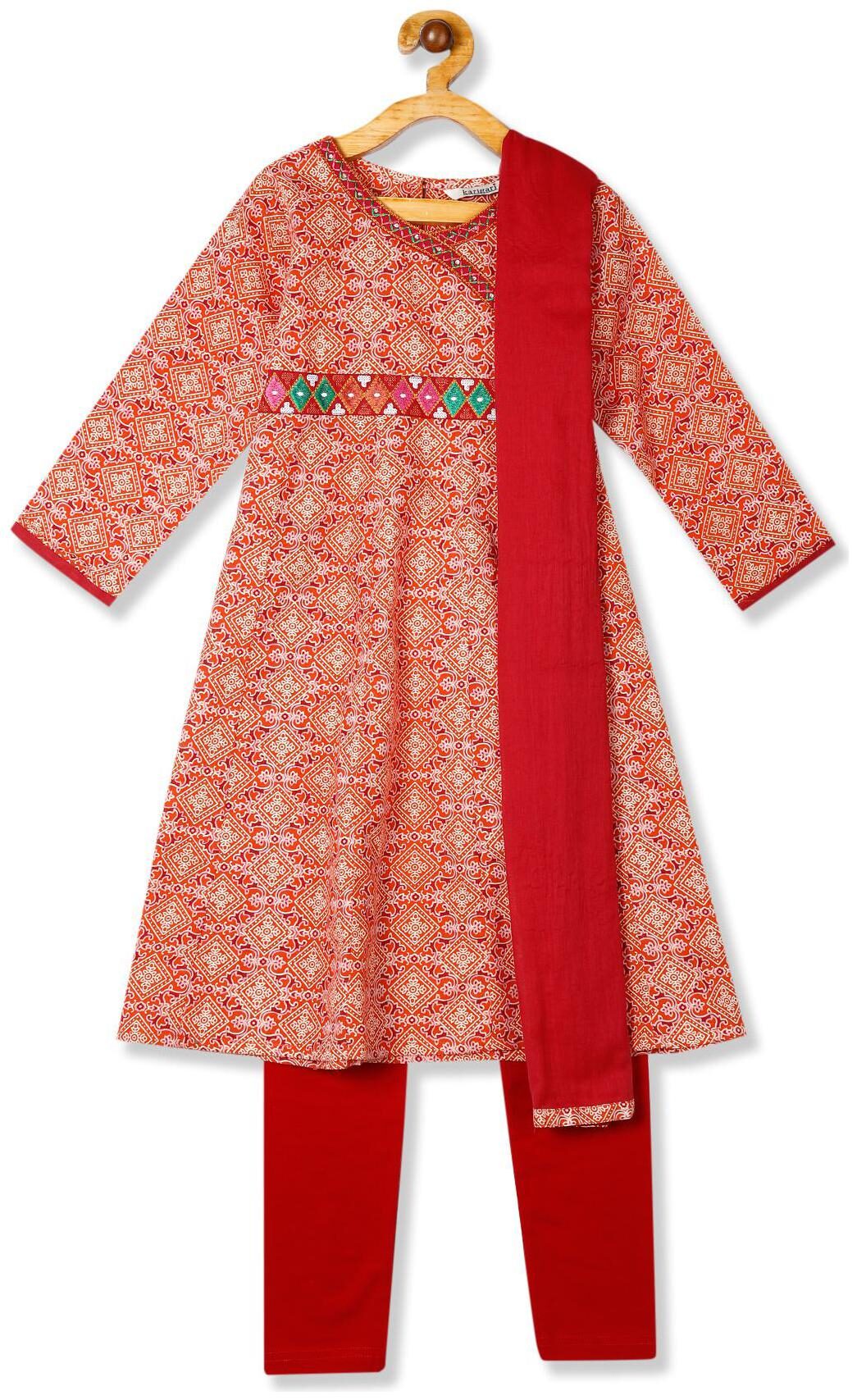 

Karigari Girl s Cotton Printed 3 4th sleeves Kurti salwar set - Multi
