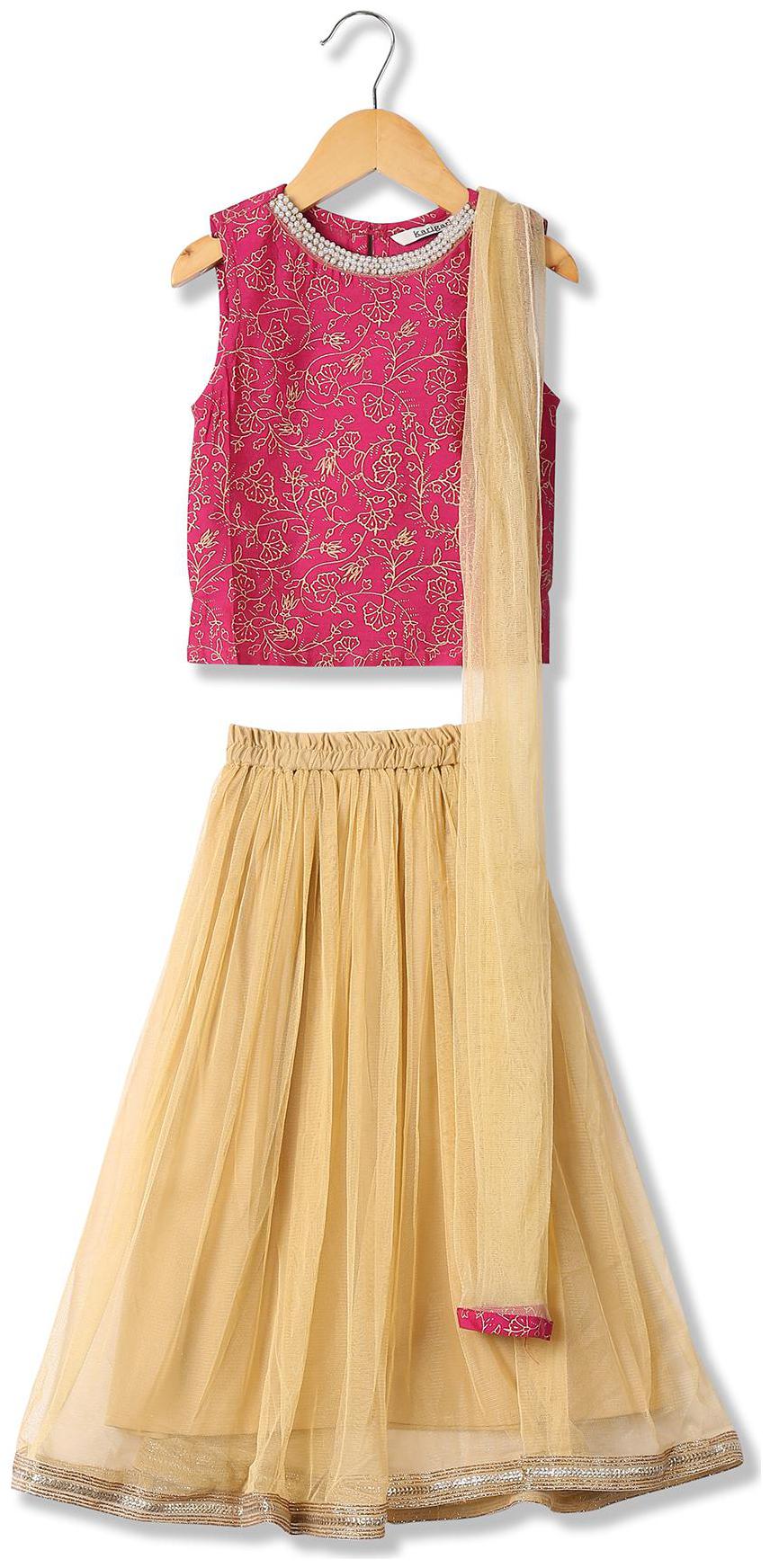 

Karigari Girl s Cotton Self design Sleeveless Kurta kurti - Beige Pink
