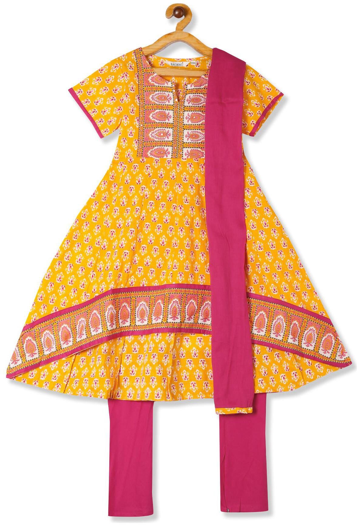 

Karigari Girl s Cotton Printed Short sleeves Kurti salwar set - Multi