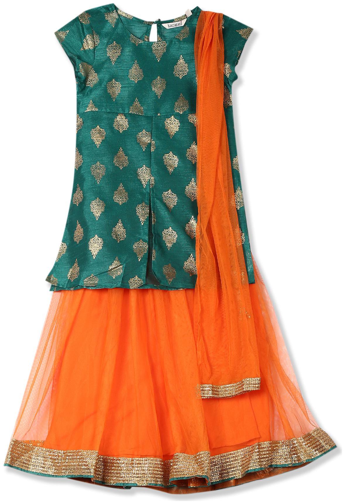 

Karigari Girl s Polyester Printed Short sleeves Kurti salwar set - Multi