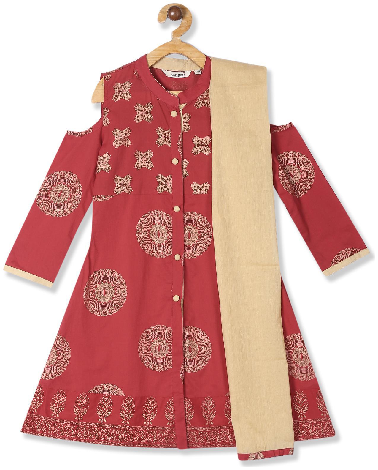 

Karigari Girl s Cotton Printed 3 4th sleeves Kurti salwar set - Multi