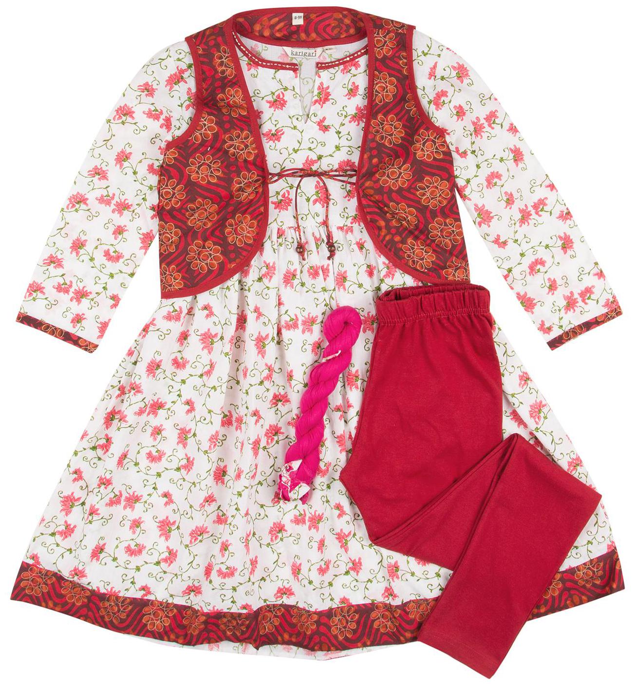 

Karigari Girl s Cotton Printed 3 4th sleeves Kurti salwar set - Multi