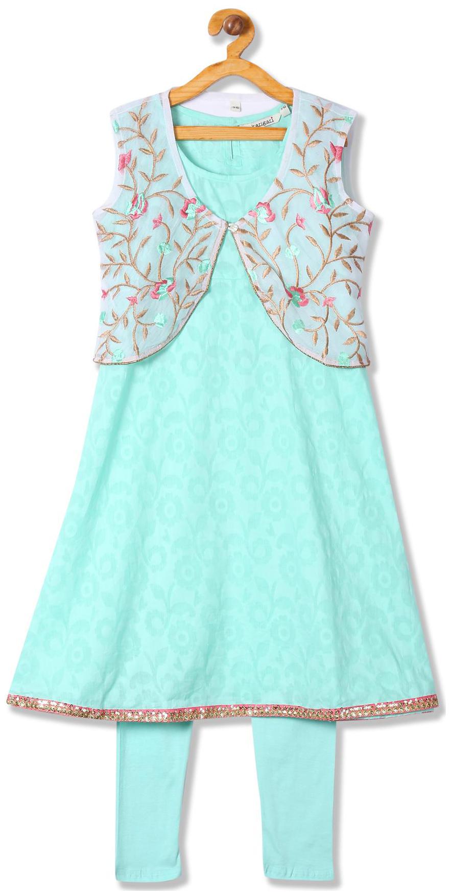 

Karigari Girl s Cotton Printed Sleeveless Kurti salwar set - Green