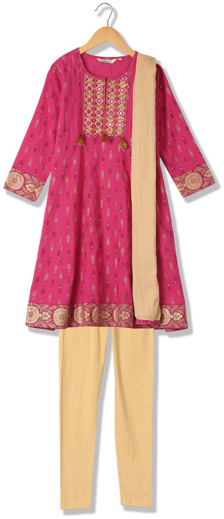 

Karigari Girl s Cotton Self design 3 4th sleeves Kurti salwar set - Multi