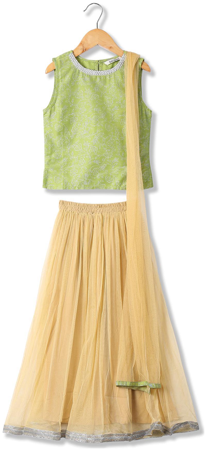 

Karigari Girl s Polyester Embellished Sleeveless Kurta kurti - Green Gold