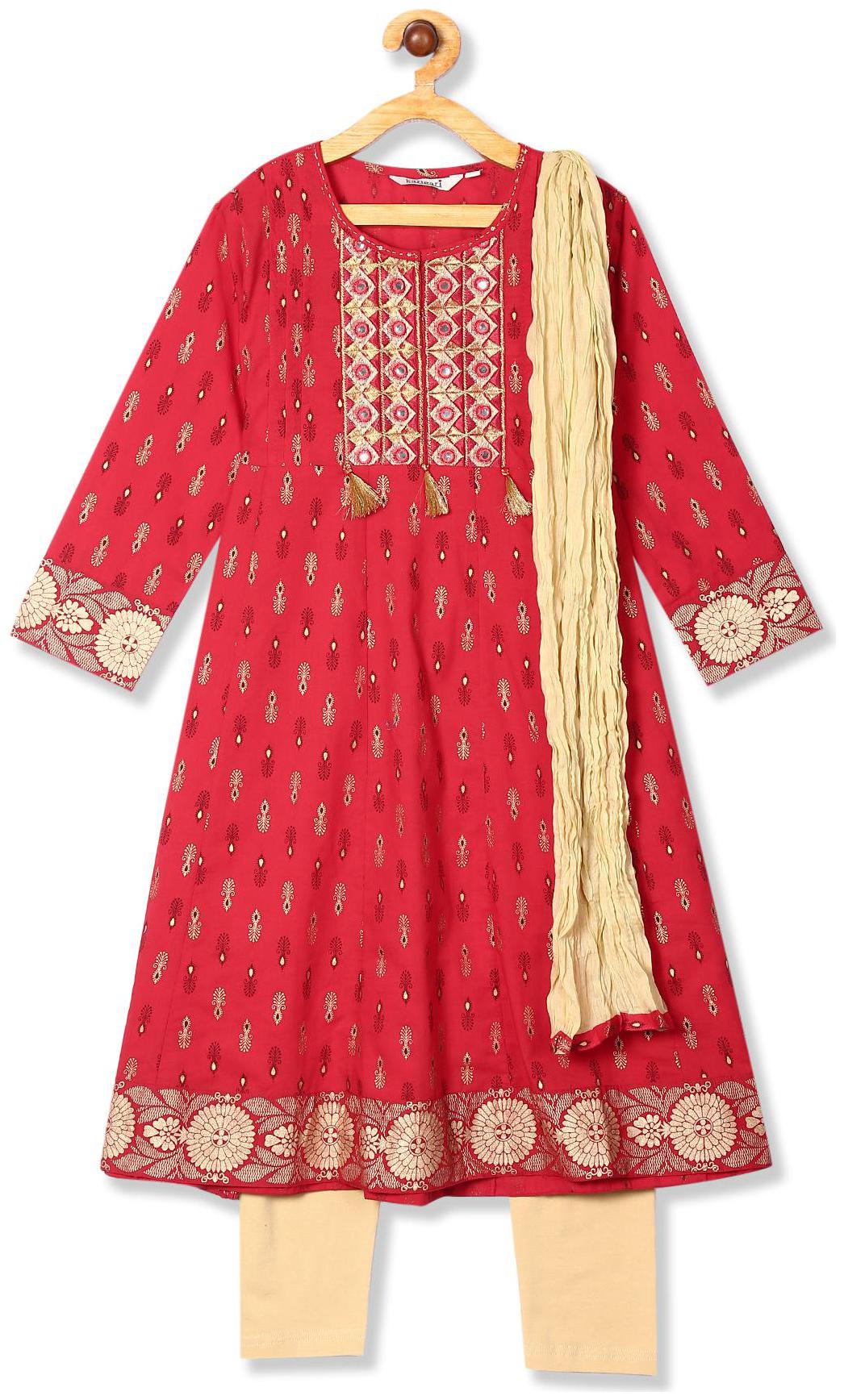 

Karigari Girl s Cotton Printed Full sleeves Kurti salwar set - Multi