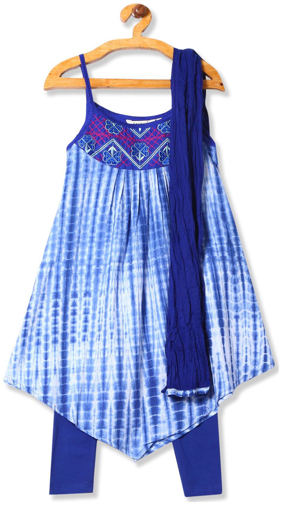 

Karigari Girl s Cotton Tie dye Sleeveless Kurti salwar set - Blue