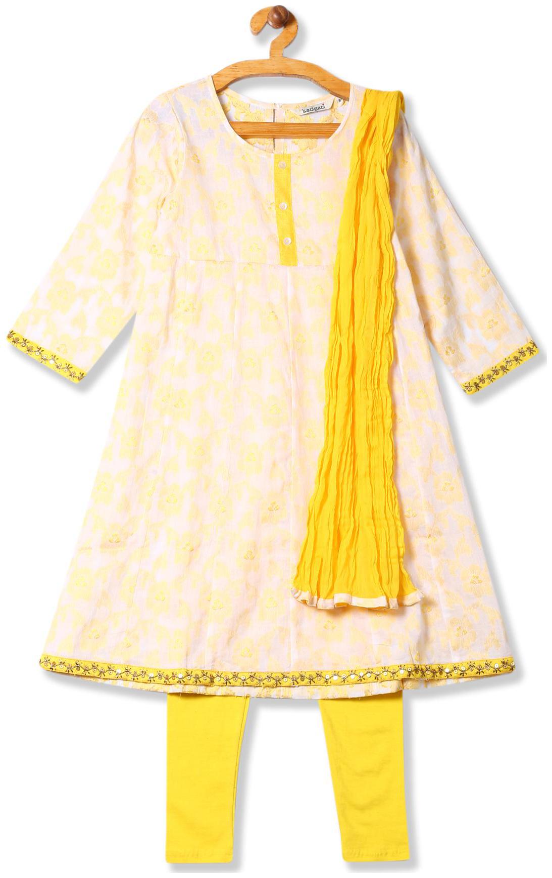 

Karigari Girl s Cotton Printed Full sleeves Kurti salwar set - Yellow