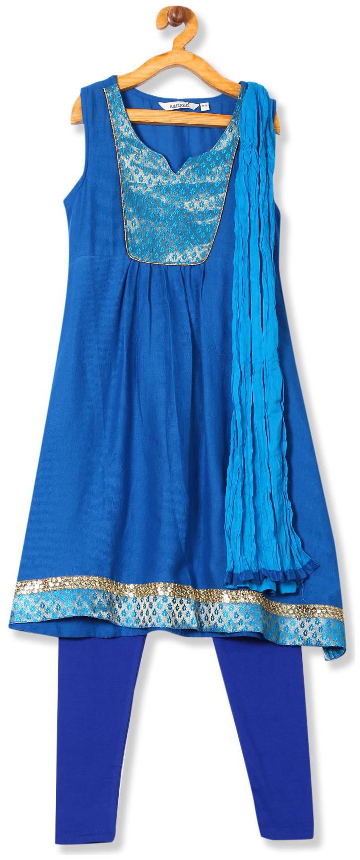 

Karigari Girl s Cotton Solid Sleeveless Kurti salwar set - Multi