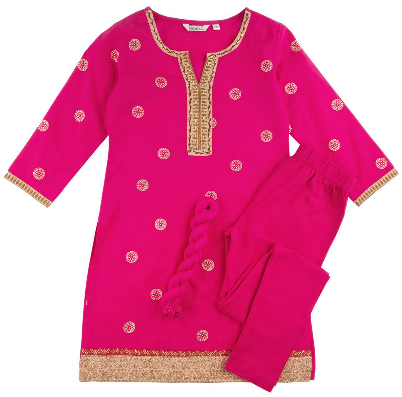 

Karigari Girl s Cotton Printed 3 4th sleeves Kurta kurti - Pink
