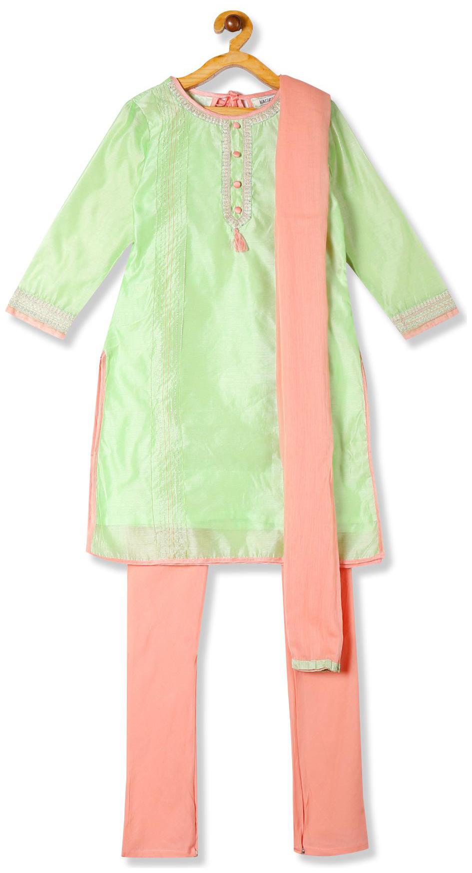 

Karigari Girl s Nylon Self design 3 4th sleeves Kurti salwar set - Multi
