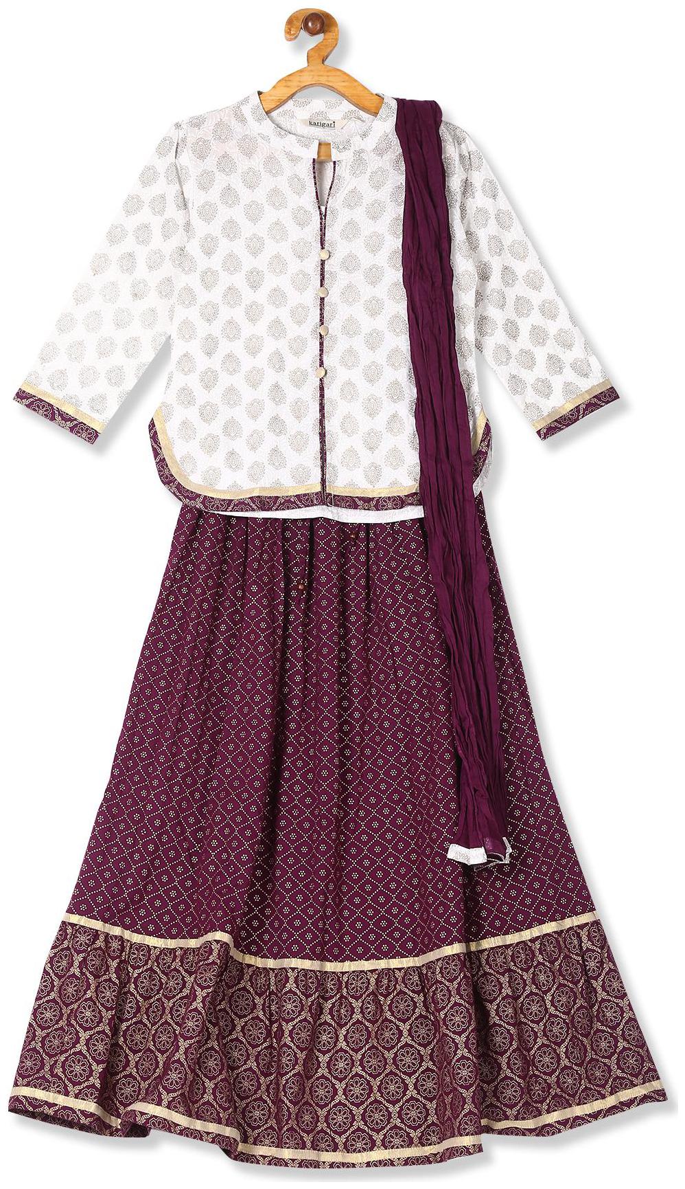 

Karigari Girl s Cotton Printed Full sleeves Kurti salwar set - Multi