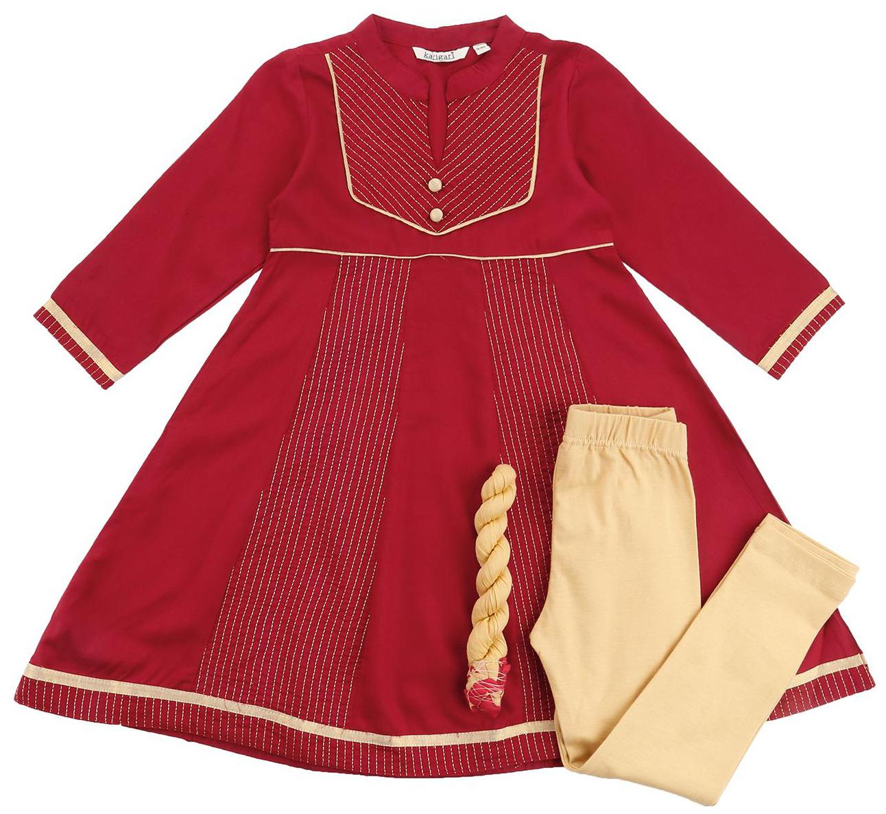 

Karigari Girl s Viscose Printed Full sleeves Kurti salwar set - Multi