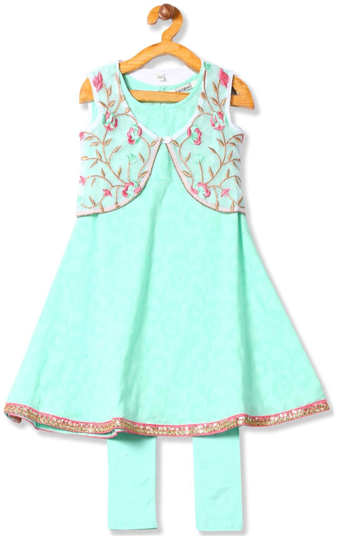 

Karigari Girl s Cotton Printed Sleeveless Kurti salwar set - Green