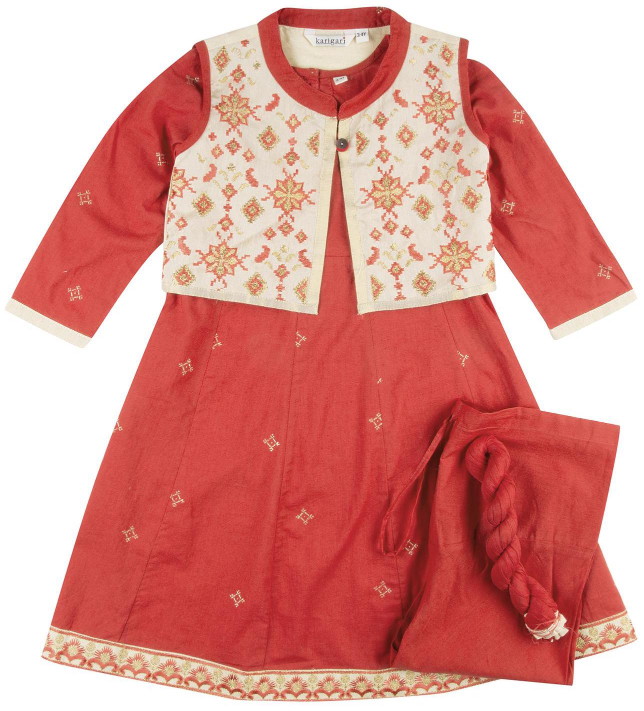 

Karigari Girl s Cotton Printed Full sleeves Kurti salwar set - Multi