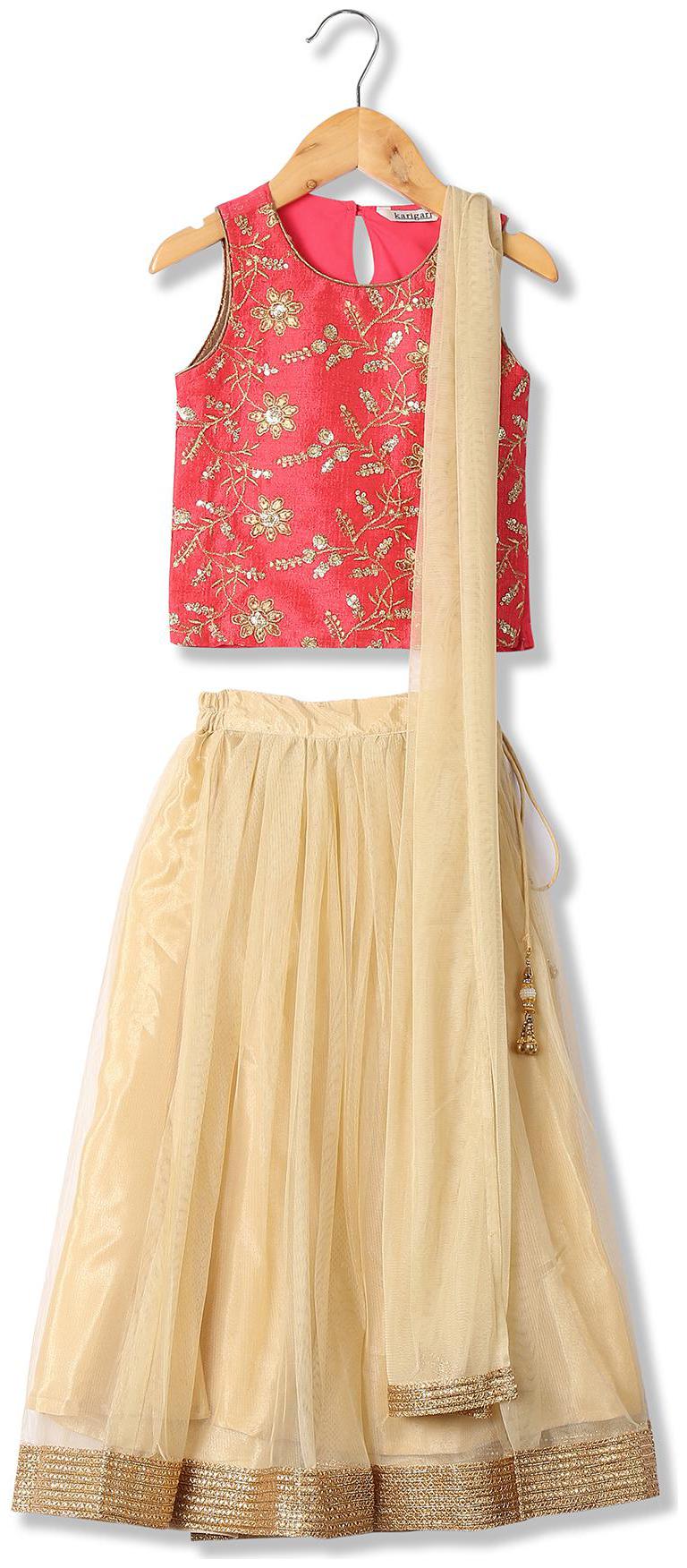 

Karigari Girl s Polyester Self design Sleeveless Kurti salwar set - Multi