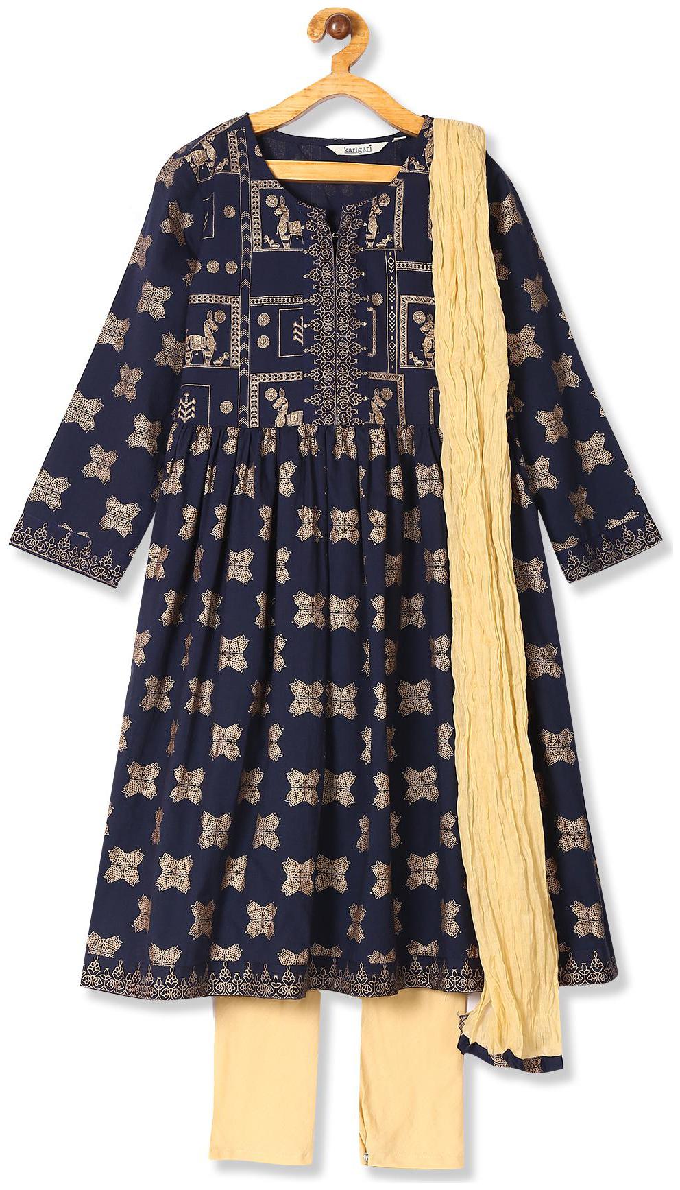 

Karigari Girl s Cotton Checked Full sleeves Kurta kurti - Beige Blue