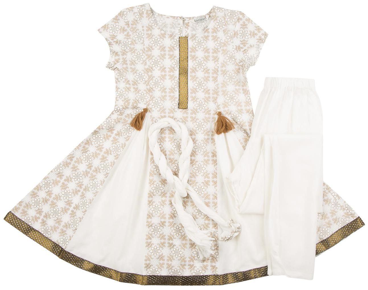 

Karigari Girl s Cotton Printed Short sleeves Kurti salwar set - White