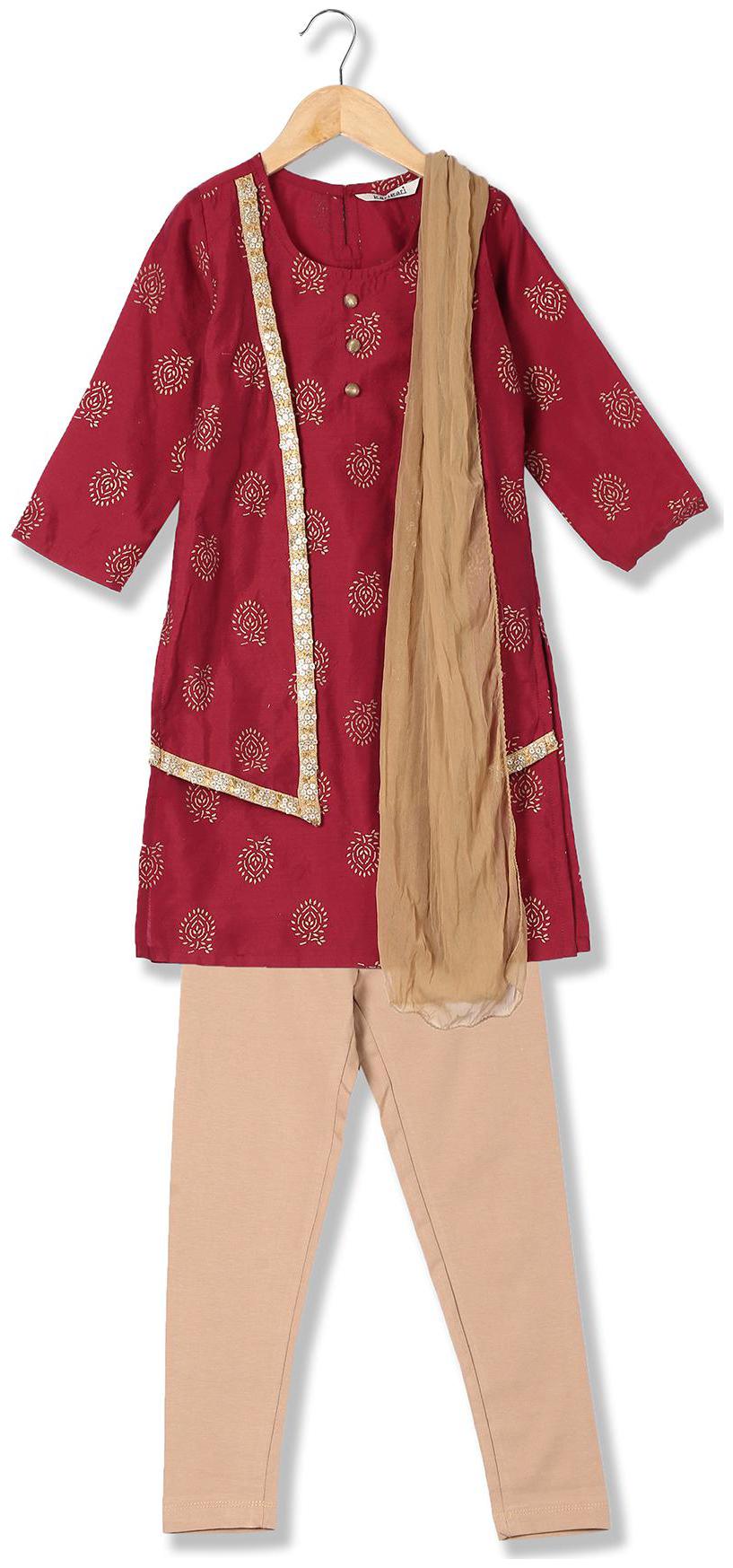 

Karigari Girl s Polyester Printed Full sleeves Kurti salwar set - Multi