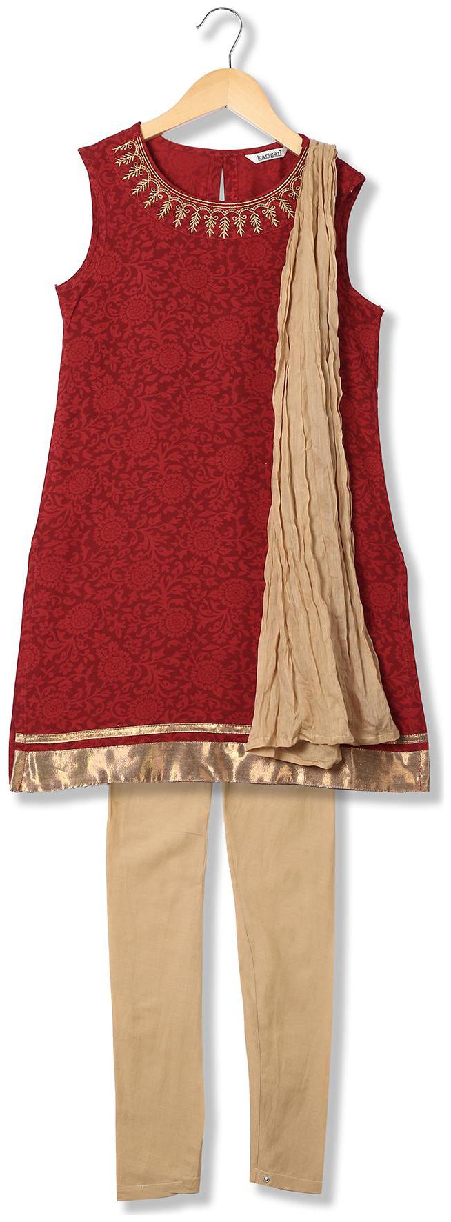 

Karigari Girl s Cotton Printed Sleeveless Kurti salwar set - Multi
