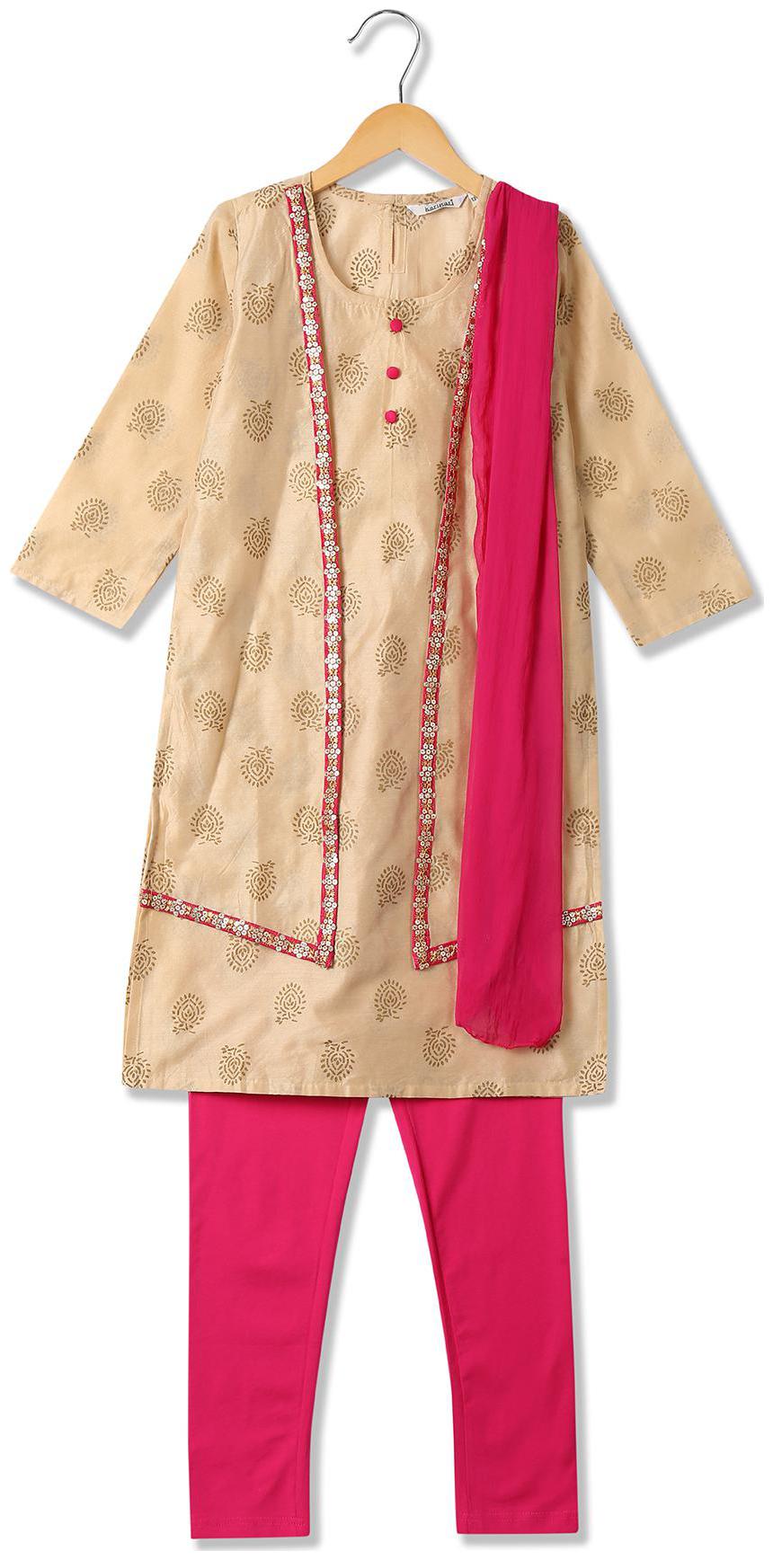 

Karigari Girl s Polyester Printed Full sleeves Kurti salwar set - Multi