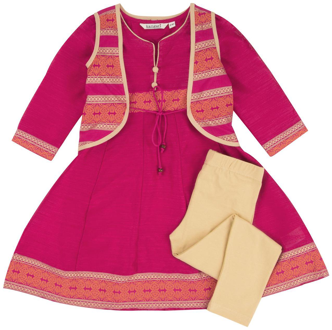 

Karigari Girl s Cotton Printed 3 4th sleeves Kurti salwar set - Multi
