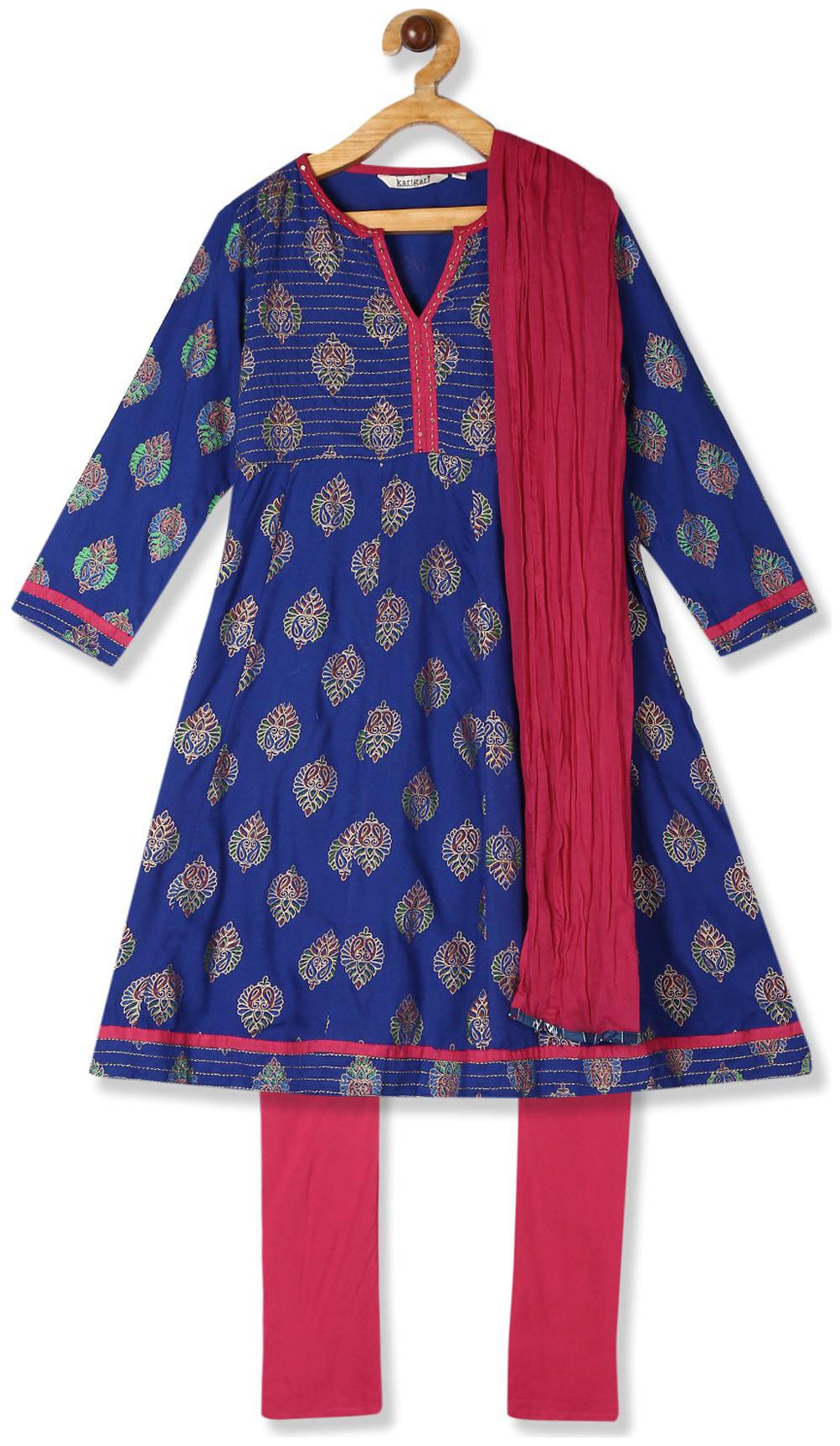 

Karigari Girl s Cotton Self design 3 4th sleeves Kurti salwar set - Multi