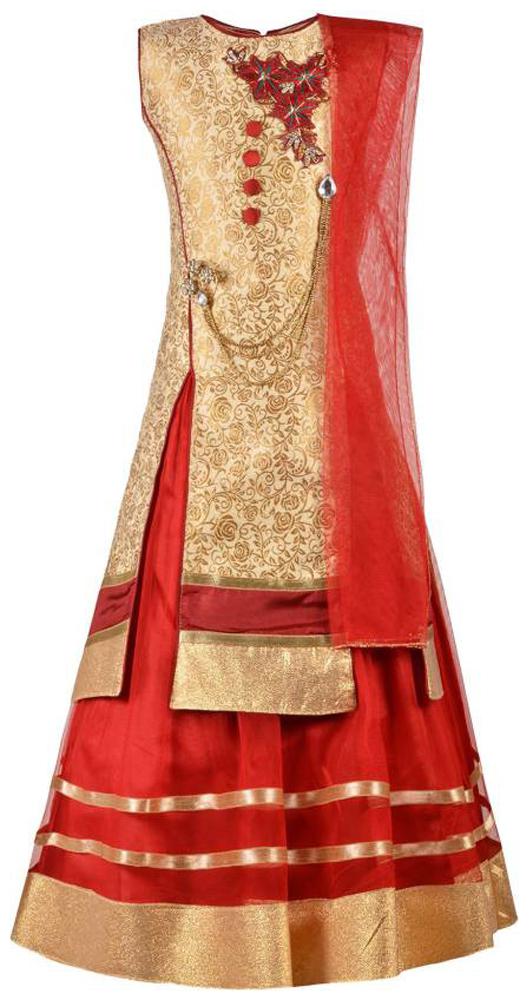 

KBKIDSWEAR Girl s Silk blend Solid Sleeveless Lehenga choli - Red