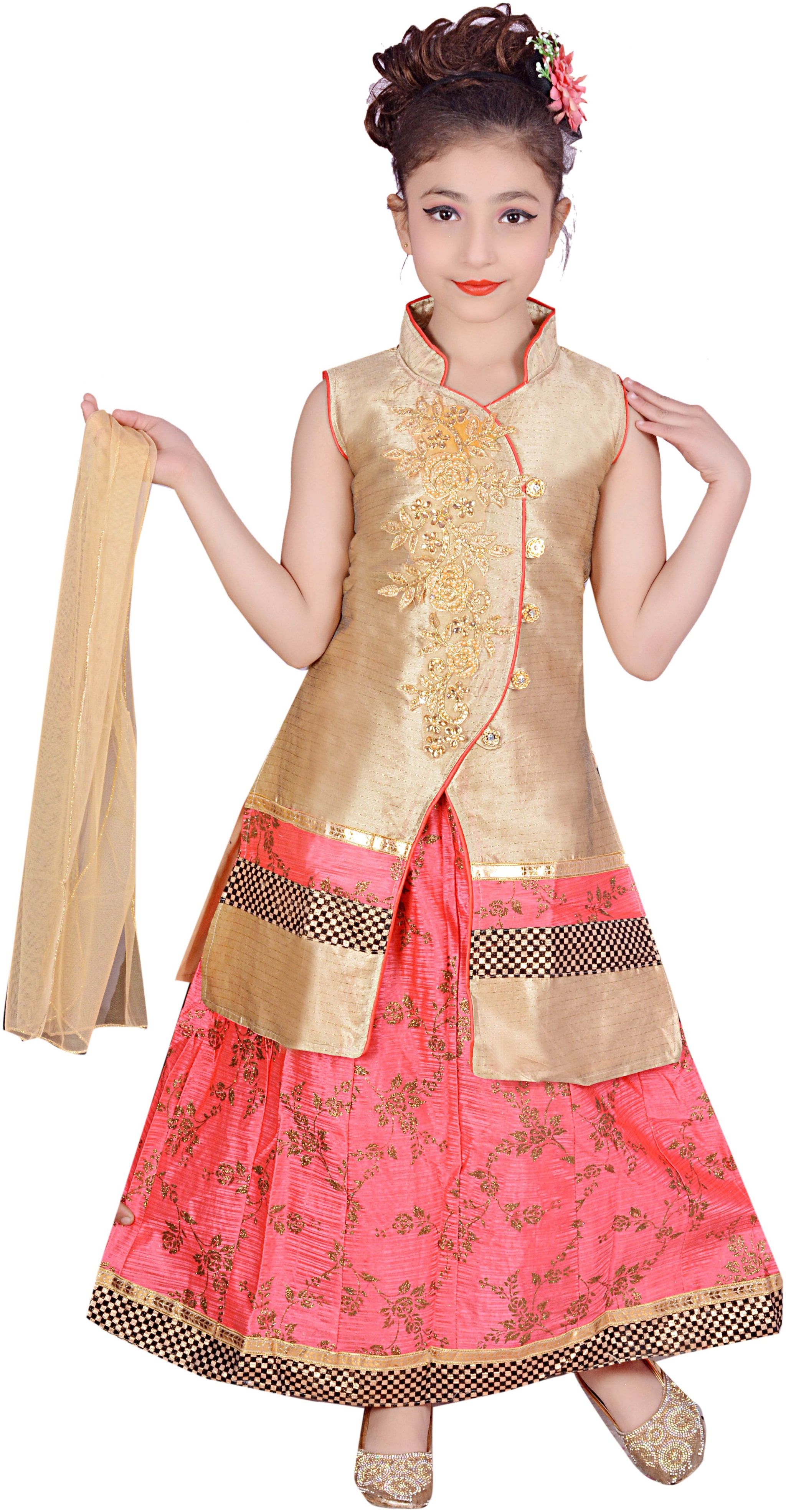 

KBKIDSWEAR Girl s Silk blend Solid Sleeveless Lehenga choli - Pink