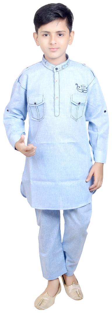 

KBKIDSWEAR Boy Cotton Solid Kurta pyjama set - Blue