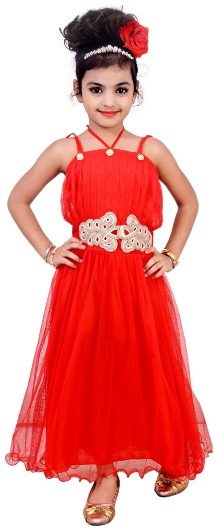 

KBKIDSWEAR Red Net Sleeveless Knee Length Princess Frock ( Pack of 1 )