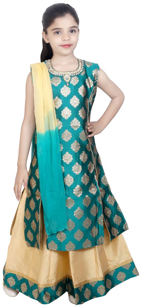 

KBKIDSWEAR Girl s Silk Solid Sleeveless Kurta kurti - Green