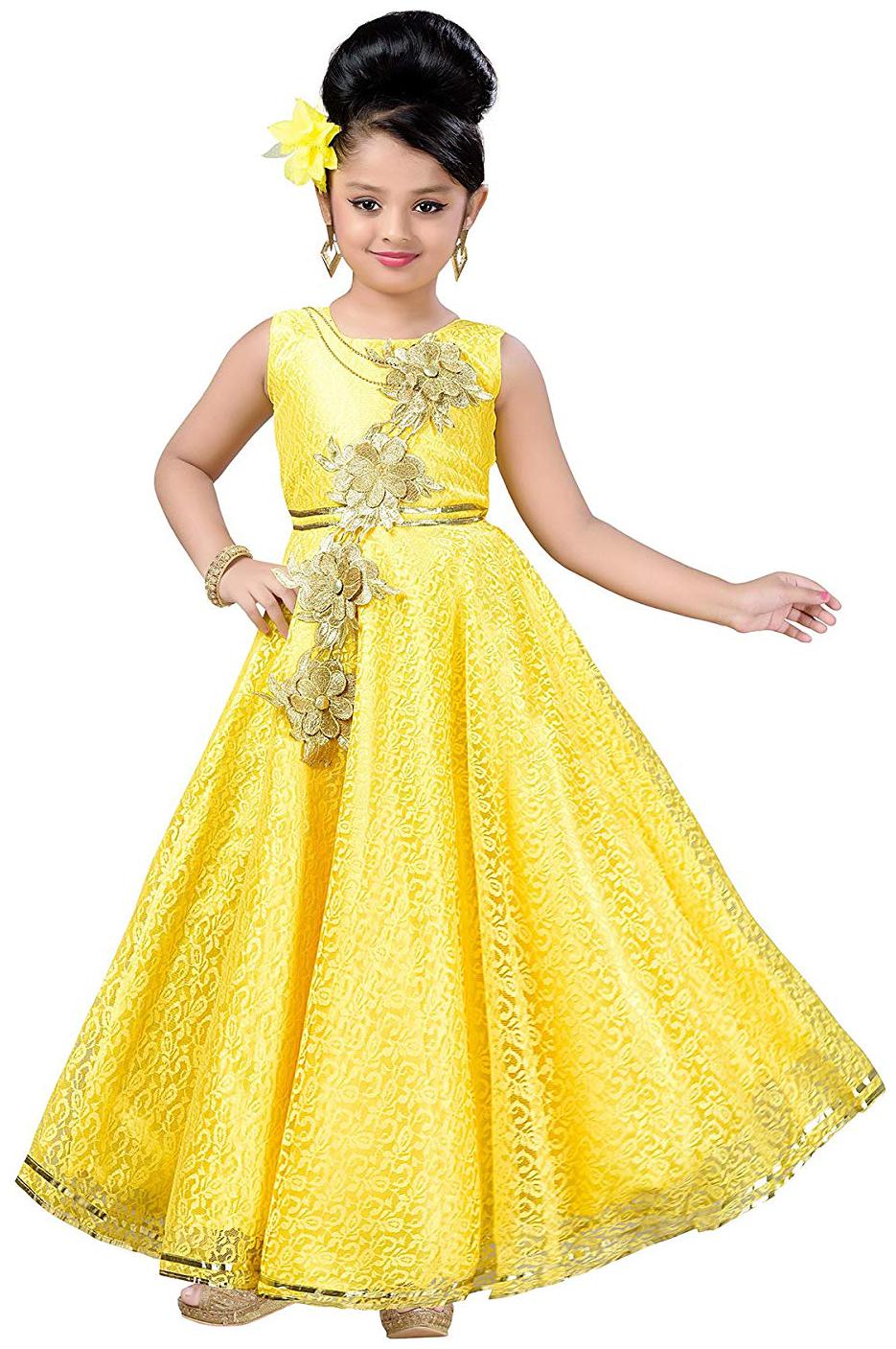 

KBKIDSWEAR Yellow Satin Sleeveless Knee Length Princess Frock ( Pack of 1 )