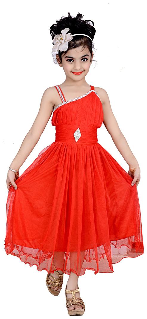 

KBKIDSWEAR Red Net Sleeveless Knee Length Princess Frock ( Pack of 1 )