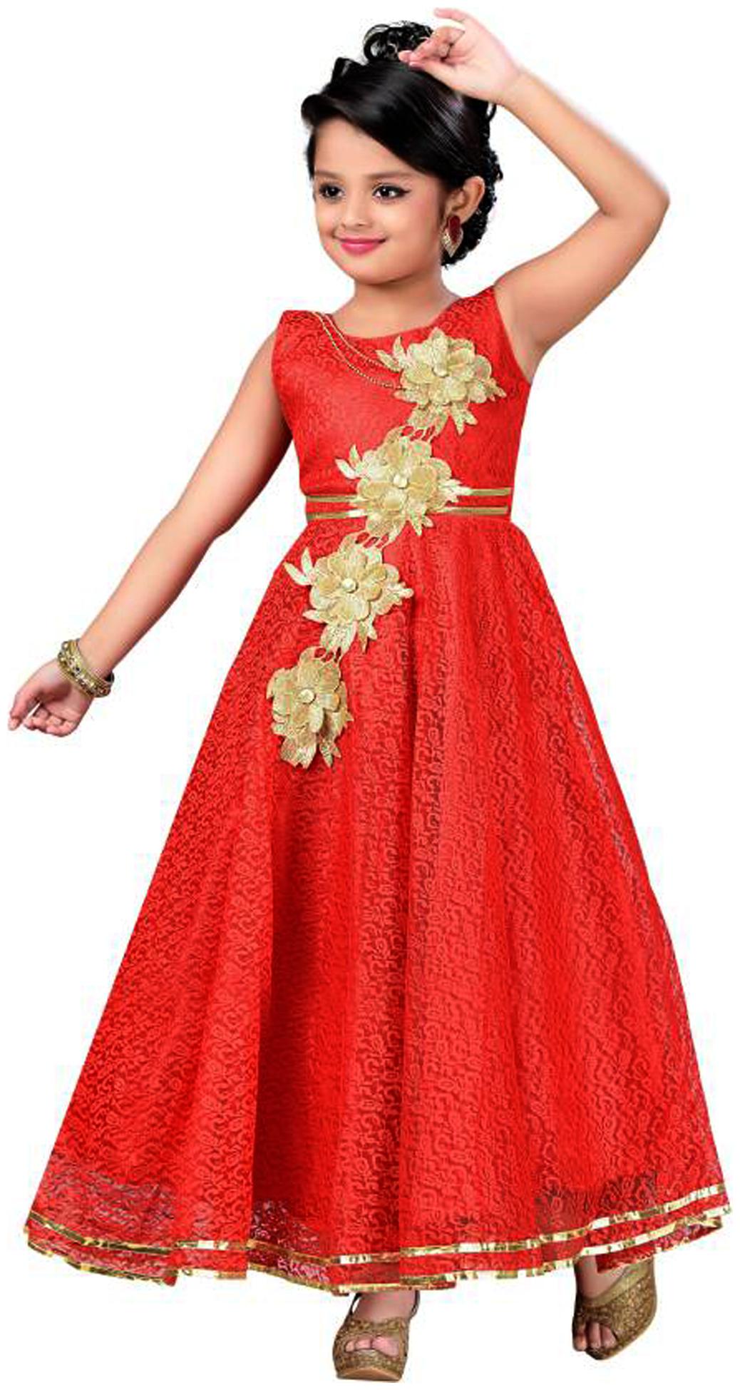 

KBKIDSWEAR Red Satin Sleeveless Knee Length Princess Frock ( Pack of 1 )