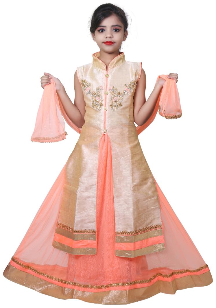 

KBKIDSWEAR Girl s Silk Embellished Sleeveless Lehenga choli - Orange