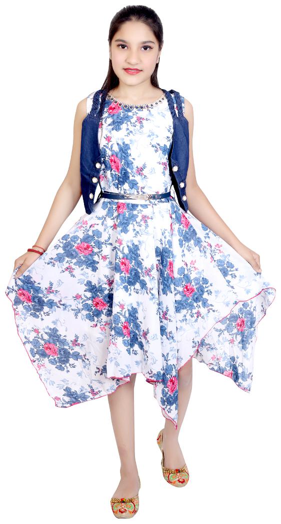 

KBKIDSWEAR Blue Net Sleeveless Knee Length Frock With Jacket ( Pack of 3 )
