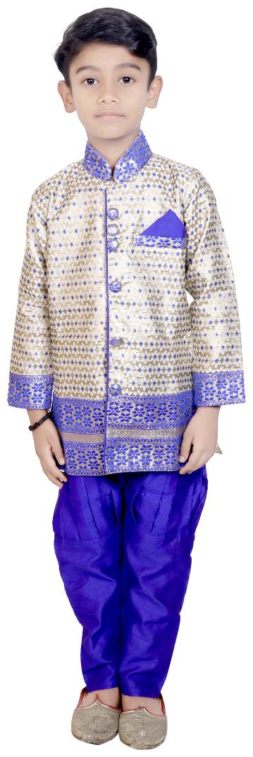 

KBKIDSWEAR Boy Silk blend Solid Sherwani - Blue