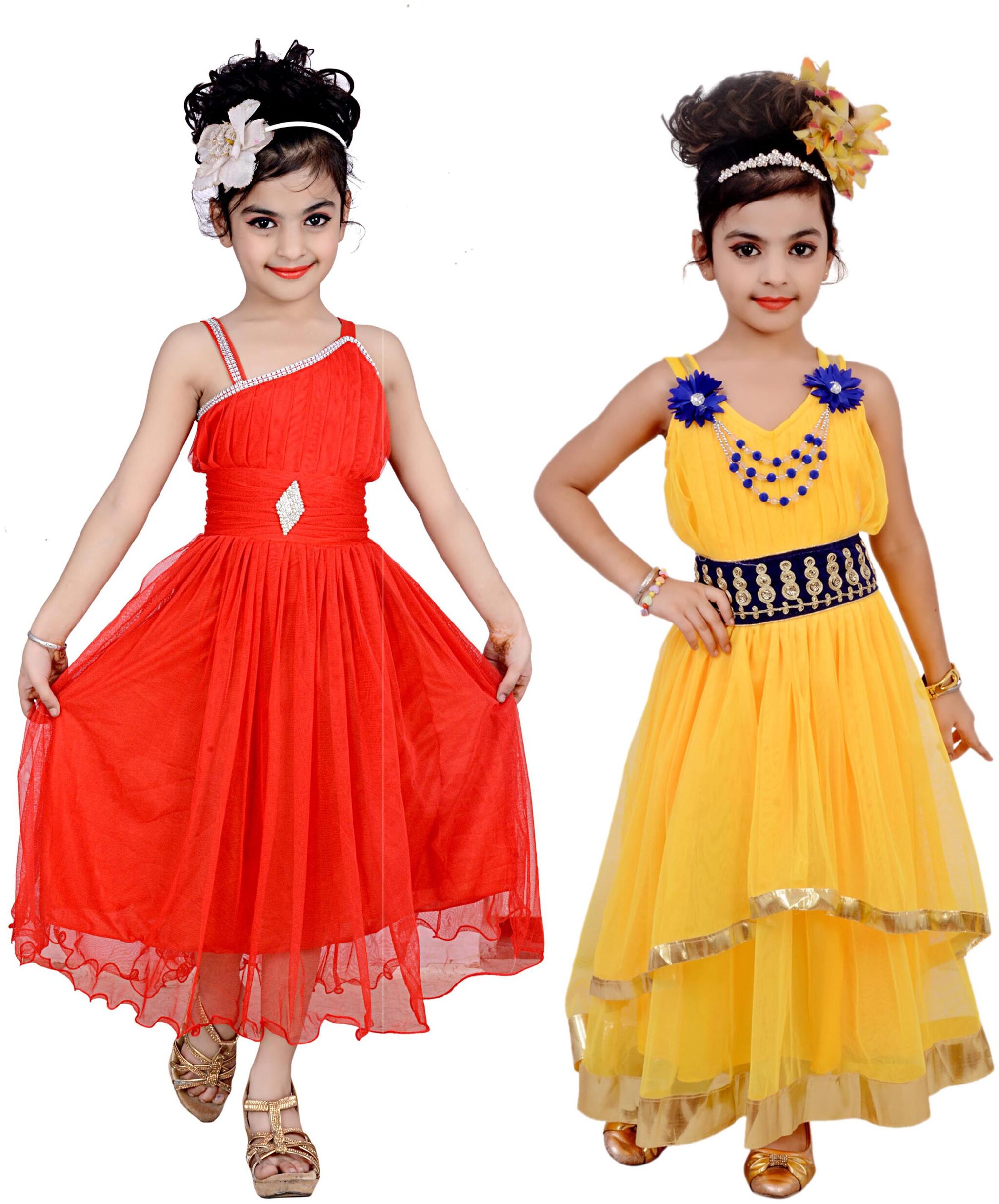 

KBKIDSWEAR Red Net Sleeveless Above Knee Princess Frock ( Pack of 2 )